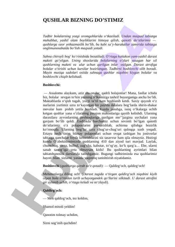 Qushlar bizning do'stimiz yozgi oromgoh tadbiri