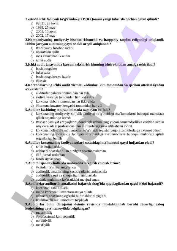 Auditorlik faoliyati bo'yicha test savollari