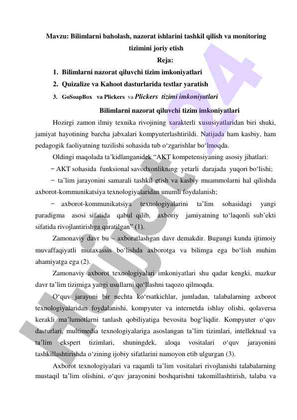 Bilimlarni baholash tizimi va monitoring rivoji