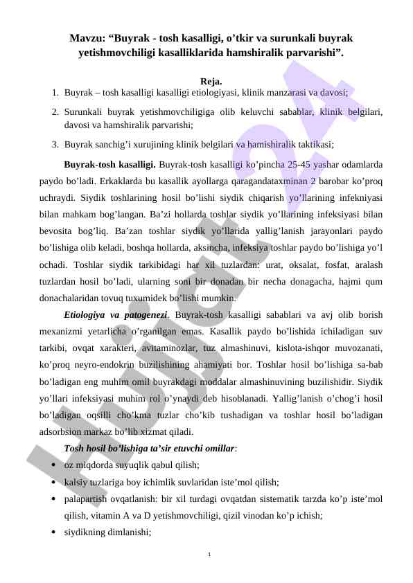 Buyrak Tosh Kasalligi Va Hamshiralik Parvarishi