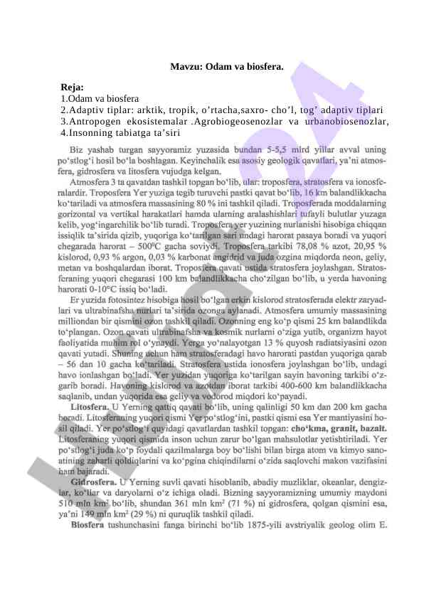 Odam va biosfera: ekologiya va aqliy hujum savollari
