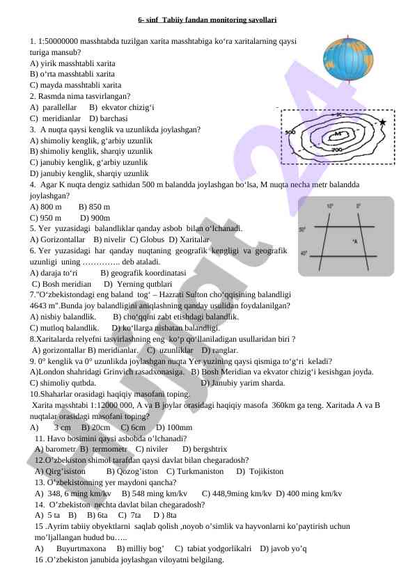 6-sinf tabiiy fandan monitoring savollari