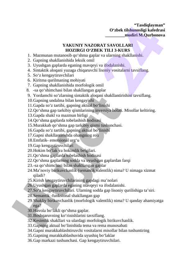 Hozirgi o'zbek tili kursi nazorat savollari