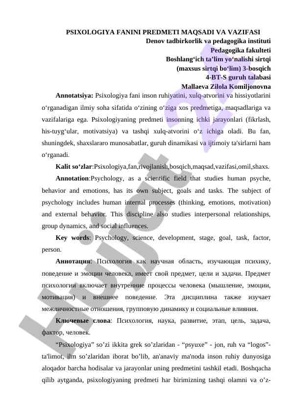 Psixologiya fanining predmeti maqsadi va vazifalari