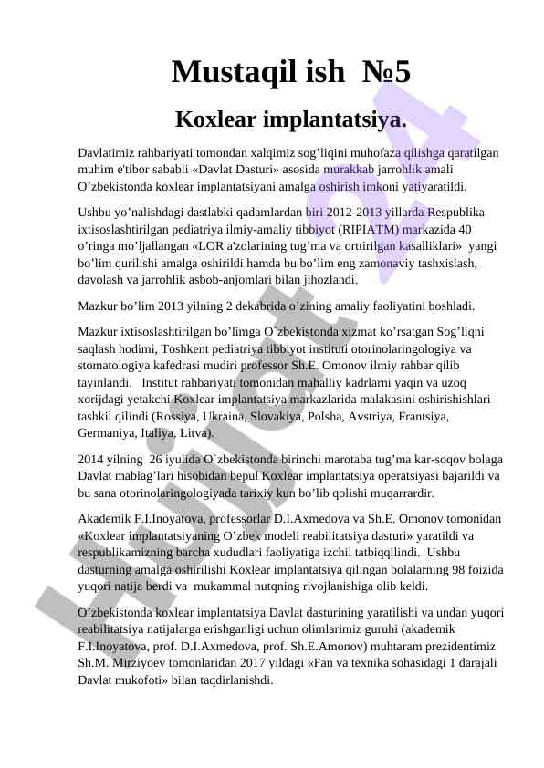 Koxlear implantatsiya bo'yicha mustaqil ishlar