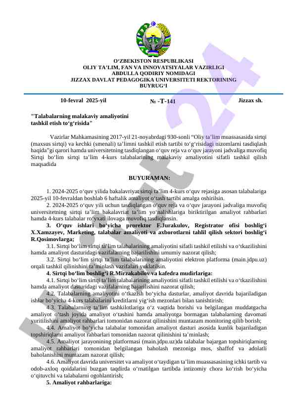 Talabalarning malakaviy amaliyotini tashkil etish