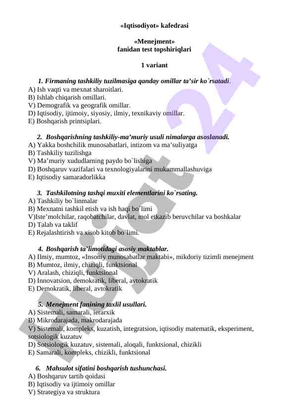Iqtisodiyot kafedrasi menejment fanidan test topshiriqlari
