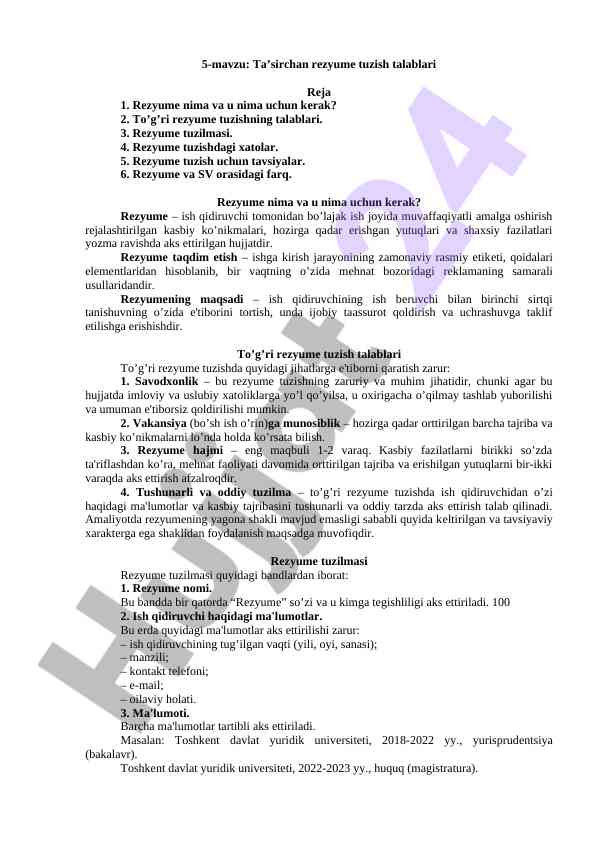 Rezyume tuzish talablari va tavsiyalarning mohiyati