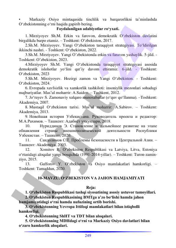 O‘zbekistonning tinchlik va barqarorlikdagi o‘rni