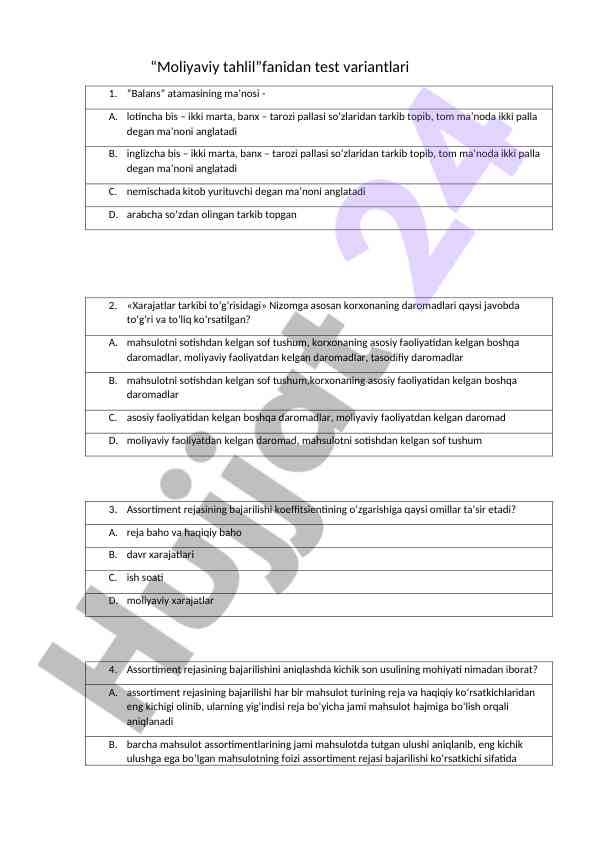 Moliyaviy tahlil fanidan test variantlari