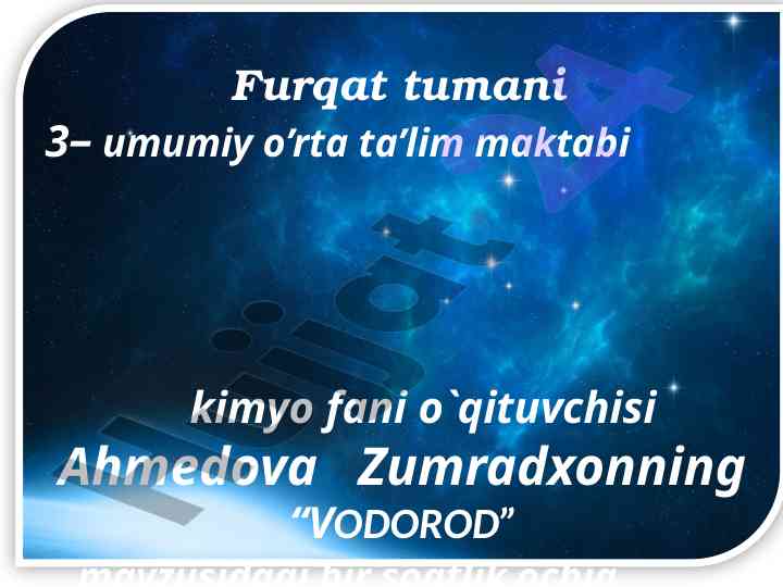 Vodород mavzusidagi ochiq dars ishlanmasi