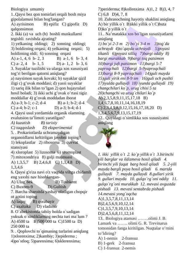 Biologiya umumiy test savollari va javoblari