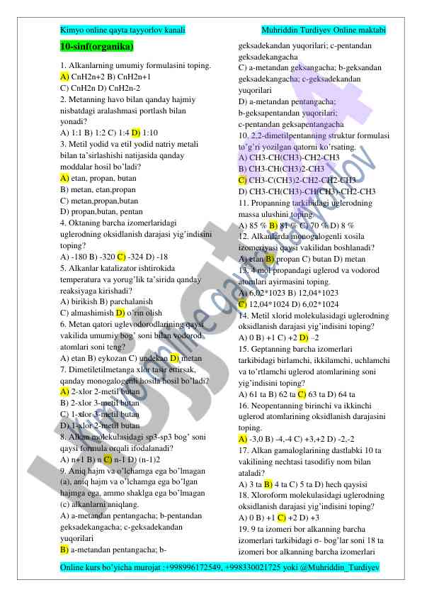 Kimyo online qayta tayyorlov kursi test savollari
