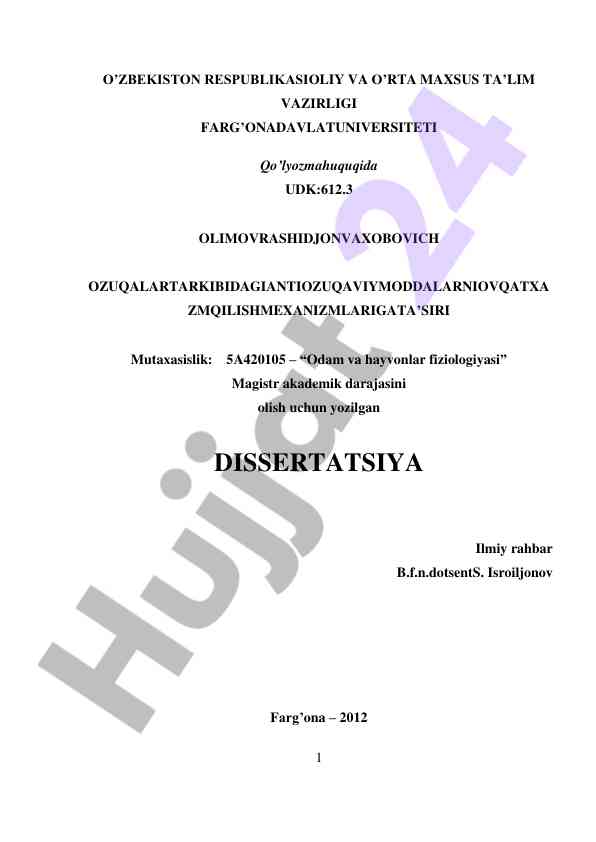 Oziqa fiziologiyasi bo'yicha dissertatsiya tahlili