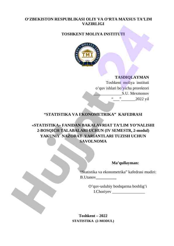 Aholi statistikasi fanidan yakuniy nazorat savollari