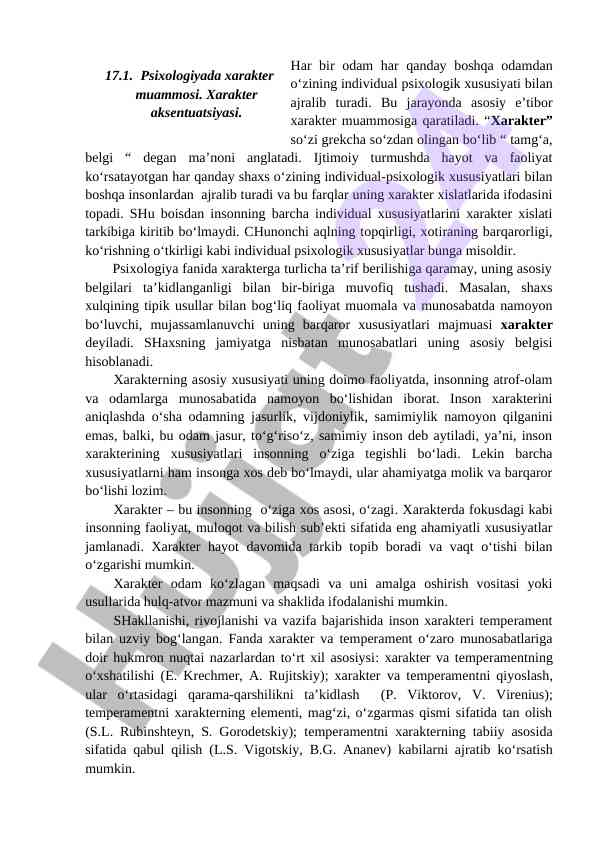 Xarakter psixologik xususiyatlarining talqini