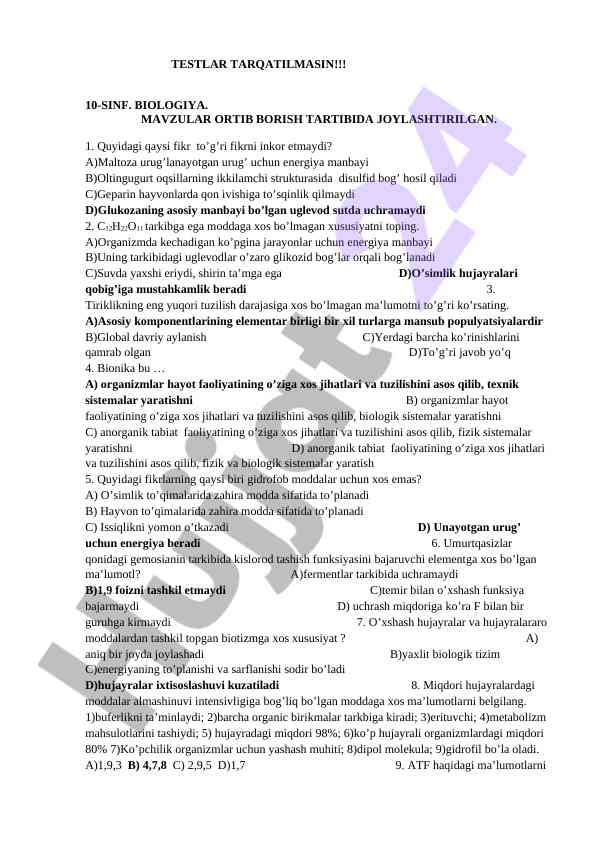 Biologiya mavzulari bo'yicha sinov testlari
