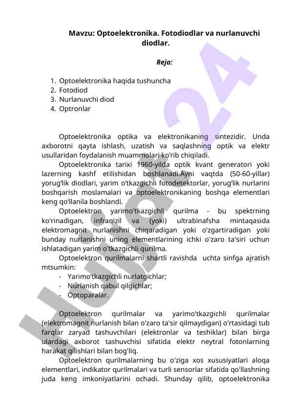 Optoelektronika va fotodiodlar haqida ma'lumot