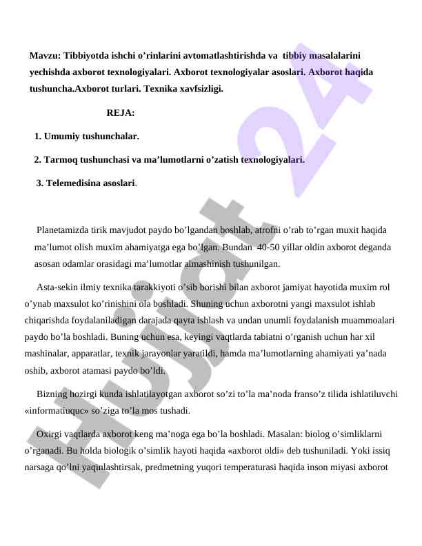 Tibbiyotda axborot texnologiyalari va avtomatlashtirish