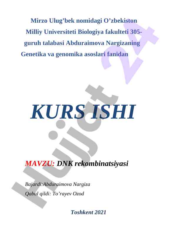 Dnk rekombinatsiyasi asoslari kurs ishining tahlili