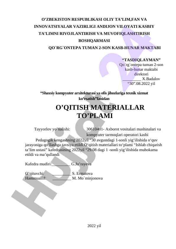 Shaxsiy kompyuter arxitekturasi texnik xizmat qo‘llanmasi