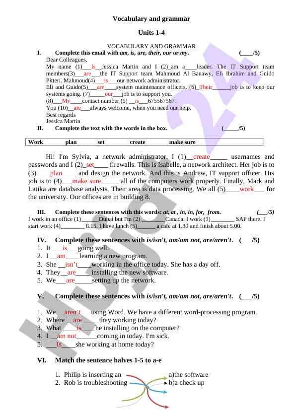 Vocabulary and grammar exercises for it support