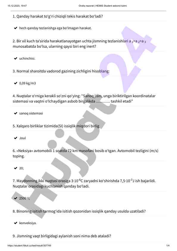Chiziqli harakat bo‘yicha oraliq nazorat test