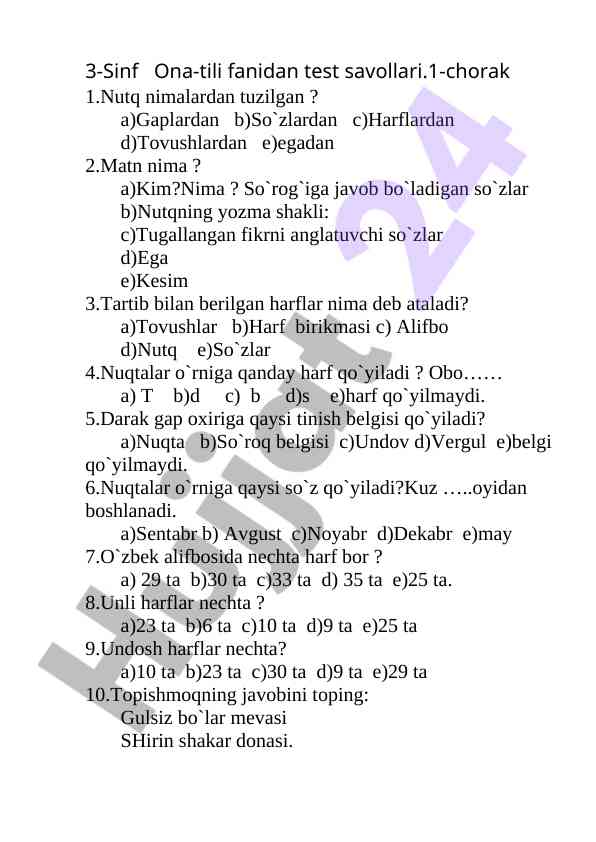 3-sinf ona-tili fanidan test savollari