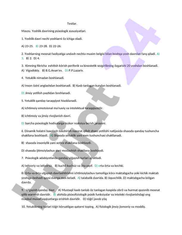 Yoshlik davrining psixologik xususiyatlari