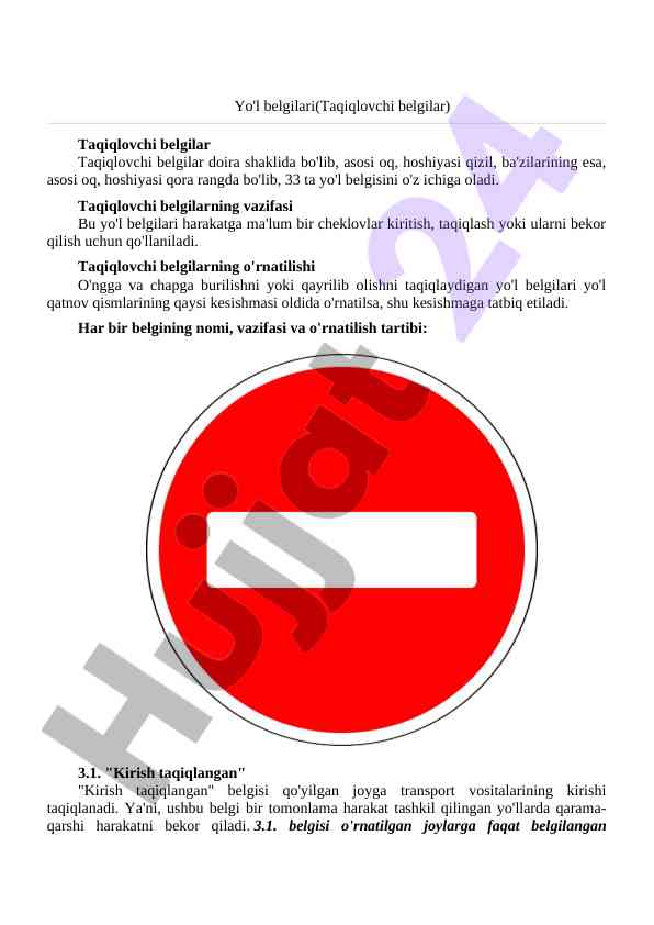 Taqiqlovchi belgilar va ularning vazifalari
