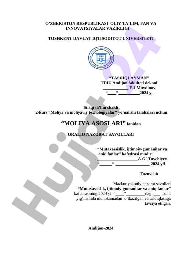 Moliya asoslari fanidan oralqi nazorat savollari