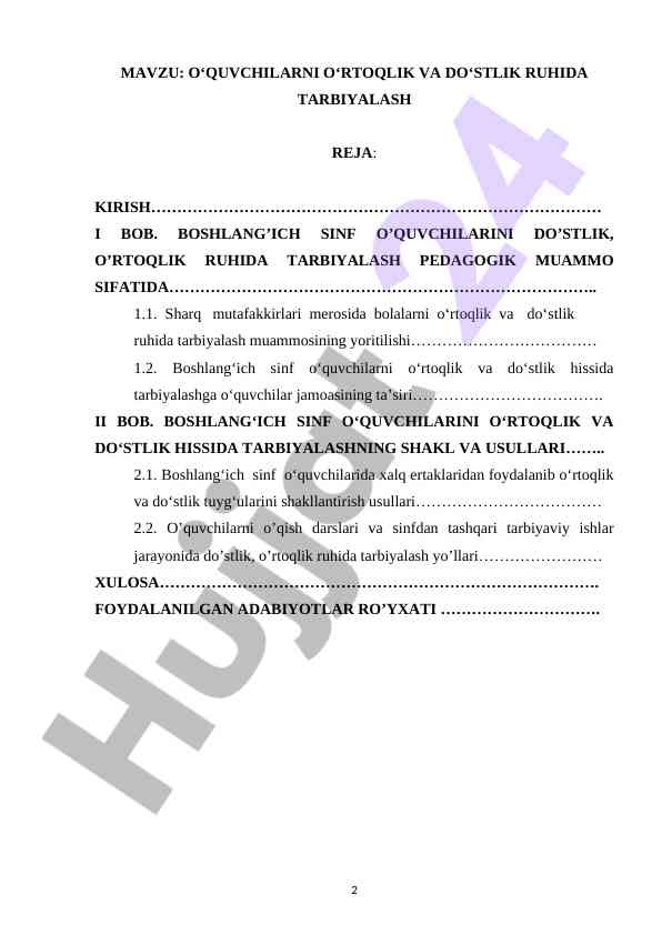 O‘quvchilarda o‘rtoqilik va do‘stlik tarbiyalash rejasi