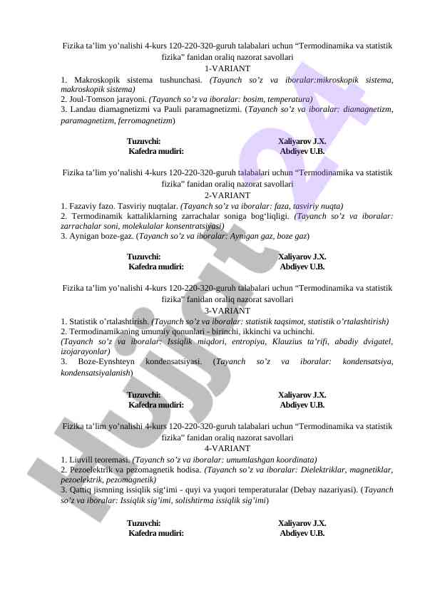 Termodinamika va statistik fizika oraliq nazorat savollari