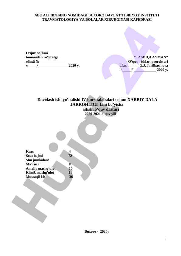 Harbiy dalа jаrrоhligi o’quv dasturi 2020-2021