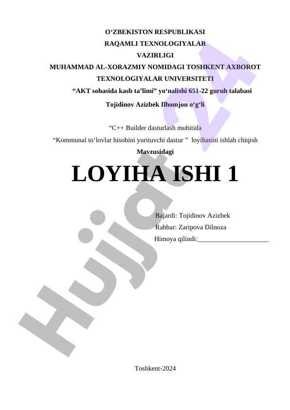 C++ builder dasturlashda kommunal to‘lovlar loyihasi