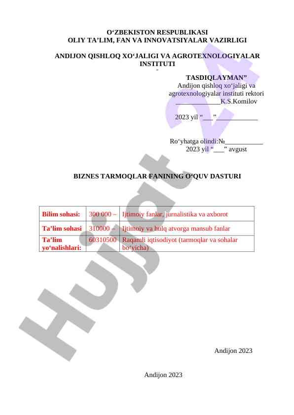 Biznes tarmoqlari fanining o‘quv dasturi