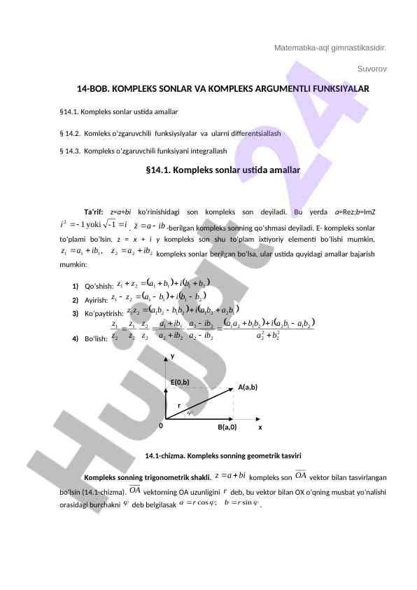Kompleks sonlar va funktsiyalarning tavsifi