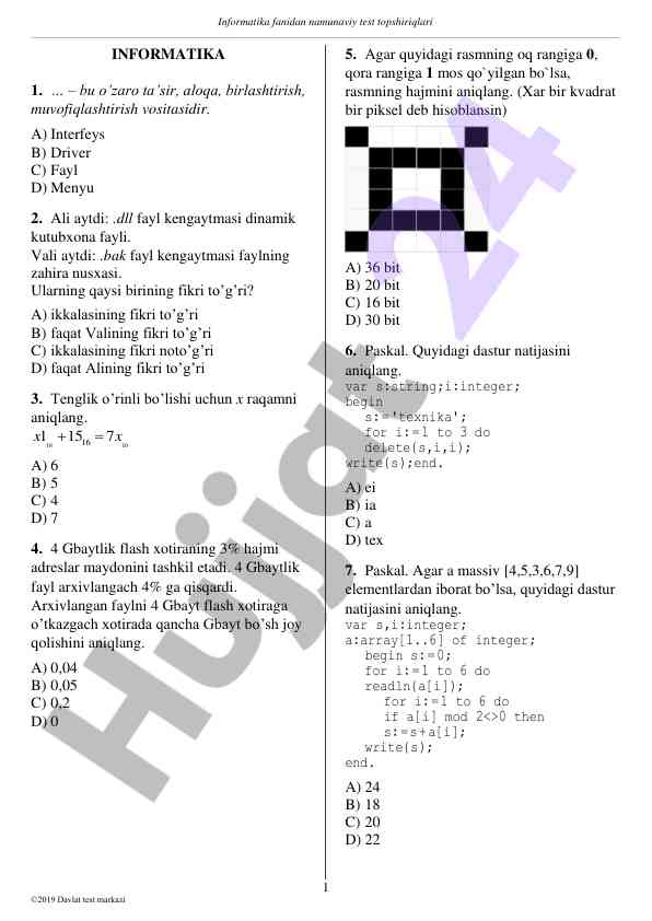 Informatika fanidan namunaviy test topshiriqlari