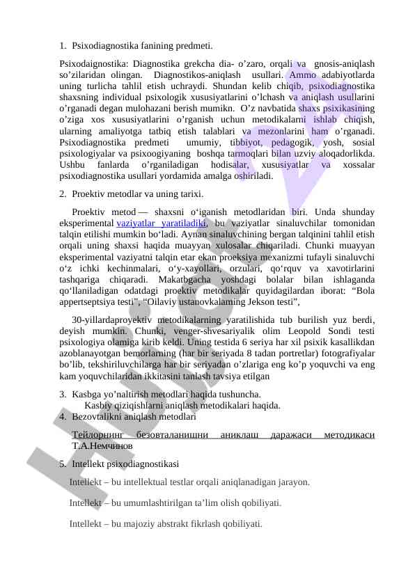 Psixodiagnostika fanining predmeti va usullari