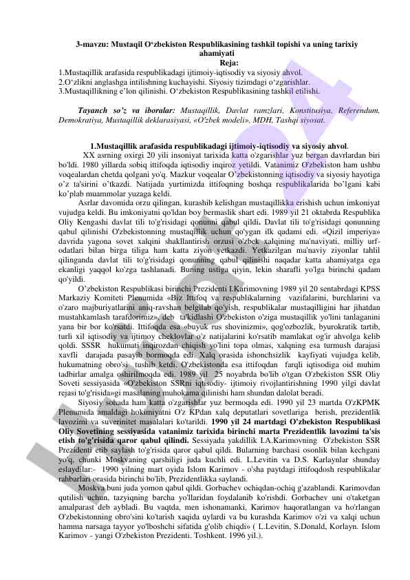 Mustaqil o‘zbekiston respublikasi tarixi va ahamiyati