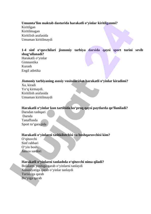 Jismoniy tarbiya darsida harakatli o'yinlar