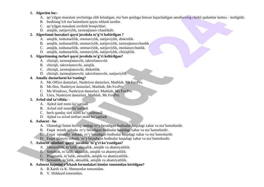 Algoritmlar va ularning turlari haqida test savollari