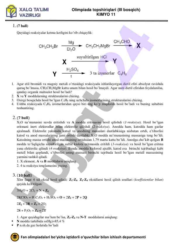 Kimyo olimpiada topshiriqlari iii bosqich