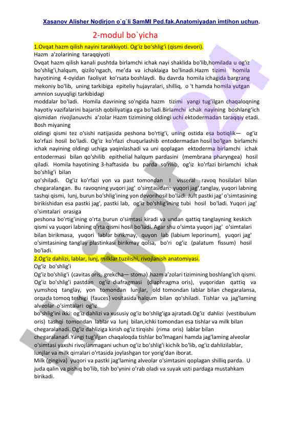 Ovqat hazm qilish nayini tarakkiyoti tahlili