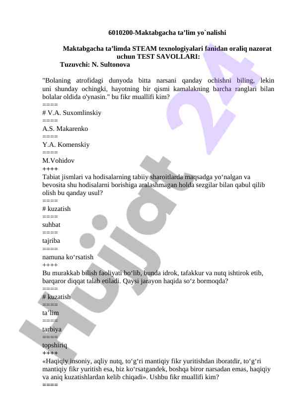 Maktabgacha ta’limda steam texnologiyalari testlar