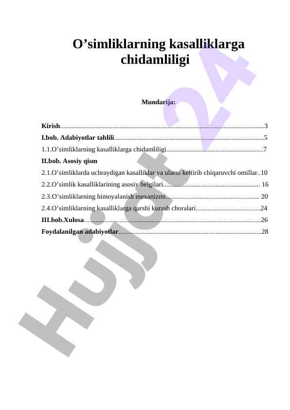 O’simliklarning Kasalliklarga Chidamliligi