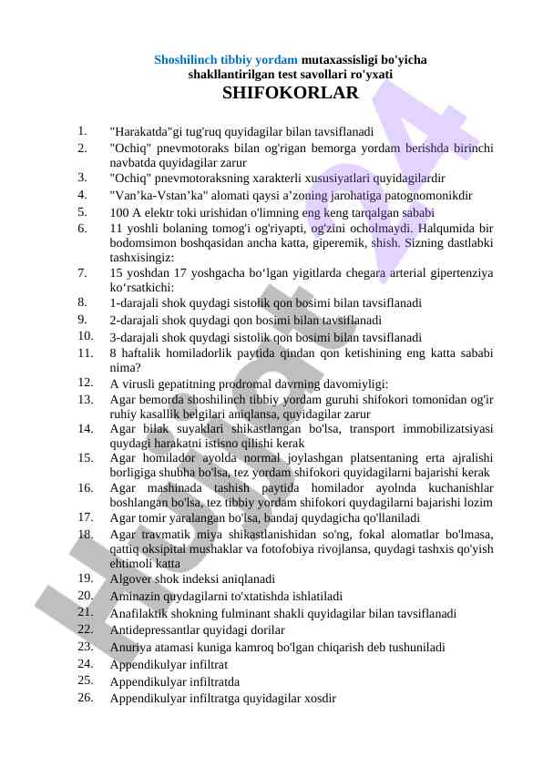 Shoshilinch tibbiy yordam test savollari ro'yxati
