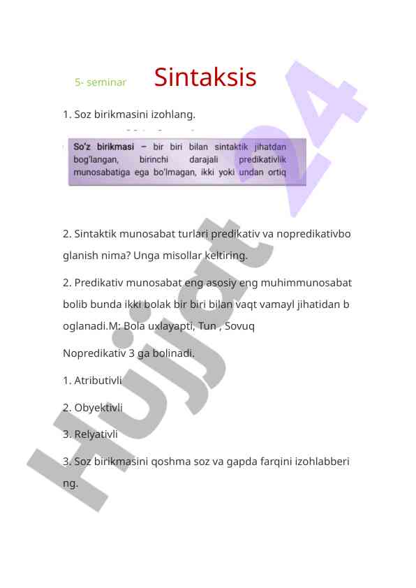 Sintaksis seminar savollari va misollar