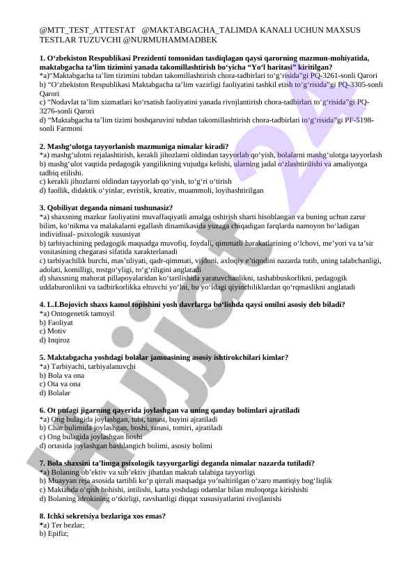 Maktabgacha ta’lim tizimini takomillashtirish testi