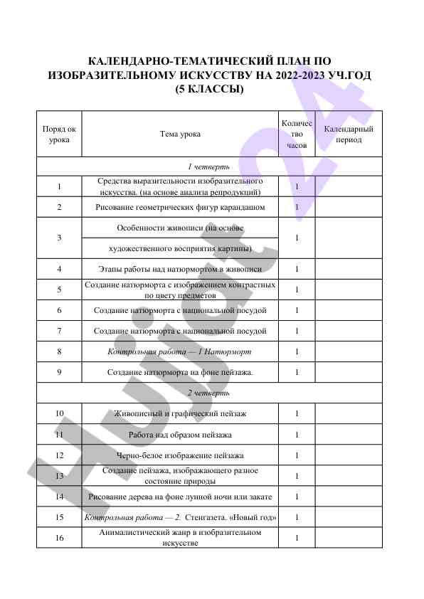 Календарно-тематический план по изобразительному искусству